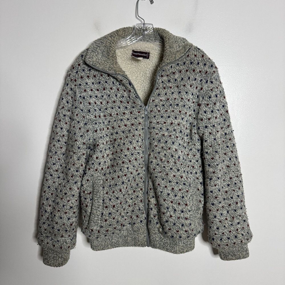 Traditionalist Sweater Jacket Mens M Gray Birdseye Knit Sherpa Lined Full Zip